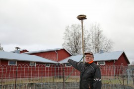 Jukka Tähkiö odottaa pystyttämäänsä pesään asukkaita. Ulkorakennukseen hän on tehnyt "lintutornin", josta uusia naapureita voisi tähystellä.