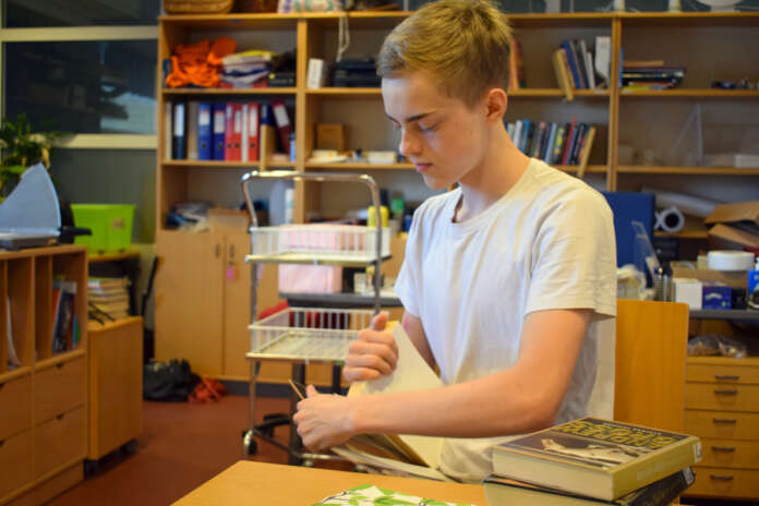 Kirjaston takahuoneessa ei yleensä revitä kirjoja, vaan niitä ennemminkin vaalitaan. Juhani Vuoren kesätyön päätoimenkuvana oli kuitenkin poistokirjojen repiminen ja asianmukainen kierrätys. (Kuva:Tuomas Honkasalo)