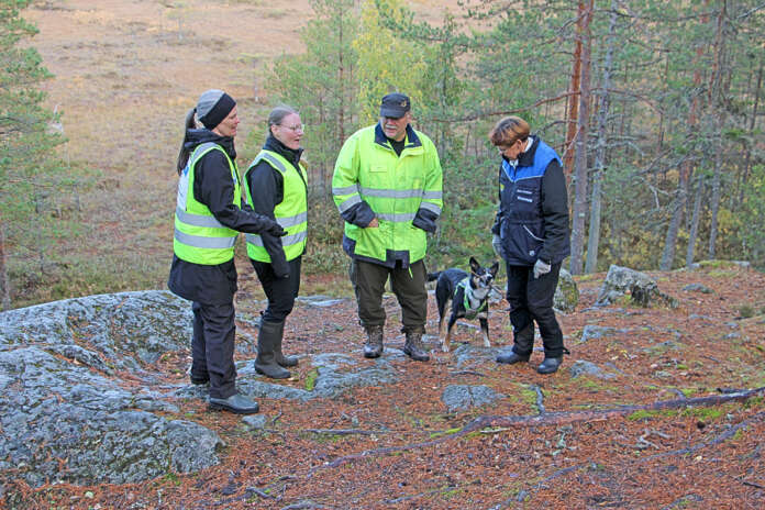 Vapepan Virpi Arvola, Sanna Hirvensalo, Esko Myöhänen, etsintäkoira Kuutti ja Stina Törnblom pitivät syyskuussa 2022 palaveria Heikinsuon laavun tuntumassa. Kuva: AVL:n arkisto.