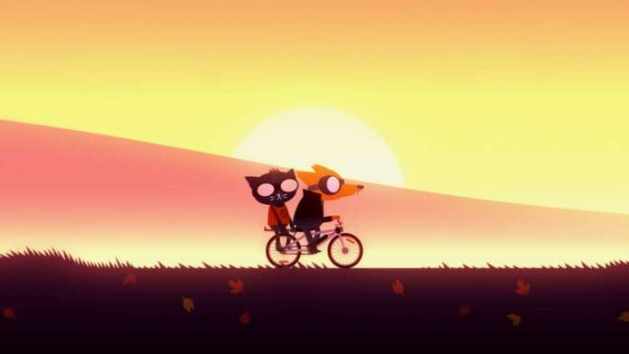 NITW Kotikaupunkiinsa palannut Mae Borowski tapaa vanhoja ystäviään, kuten Greggin. Kuva: Kuvakaappaus Night in the Woods -pelistä.