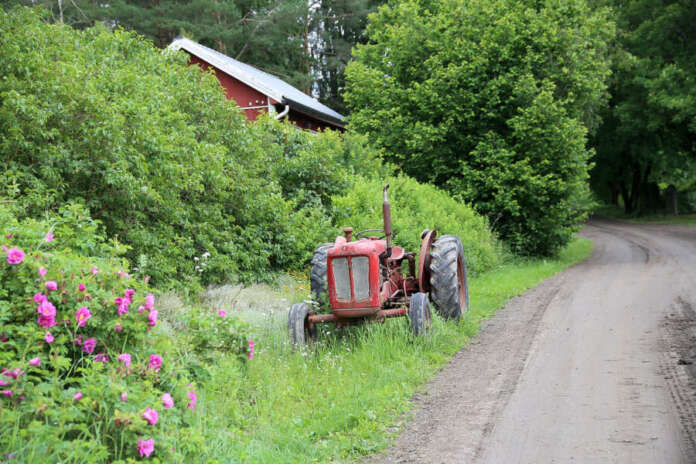 11072100_ Isontuvan jäätelökahvilan katto pilkottaa traktorin takana. Traktori on tien varressa vain sen takia, että sen kyytiin saavat lapset mennä kiipeilemään.